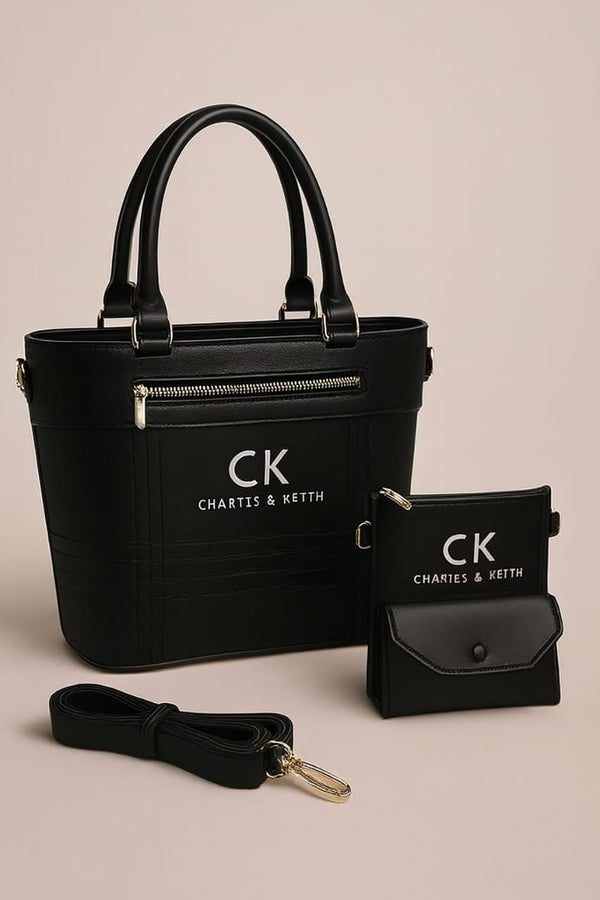 Charles & Keith A+ Premium Leather Handbag Set for Women – 3-Piece Stylish Shoulder & Crossbody Bag with Long Strap and Glasses Pouch